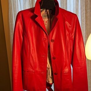 Women's Red Leather Button-Front Jacket by